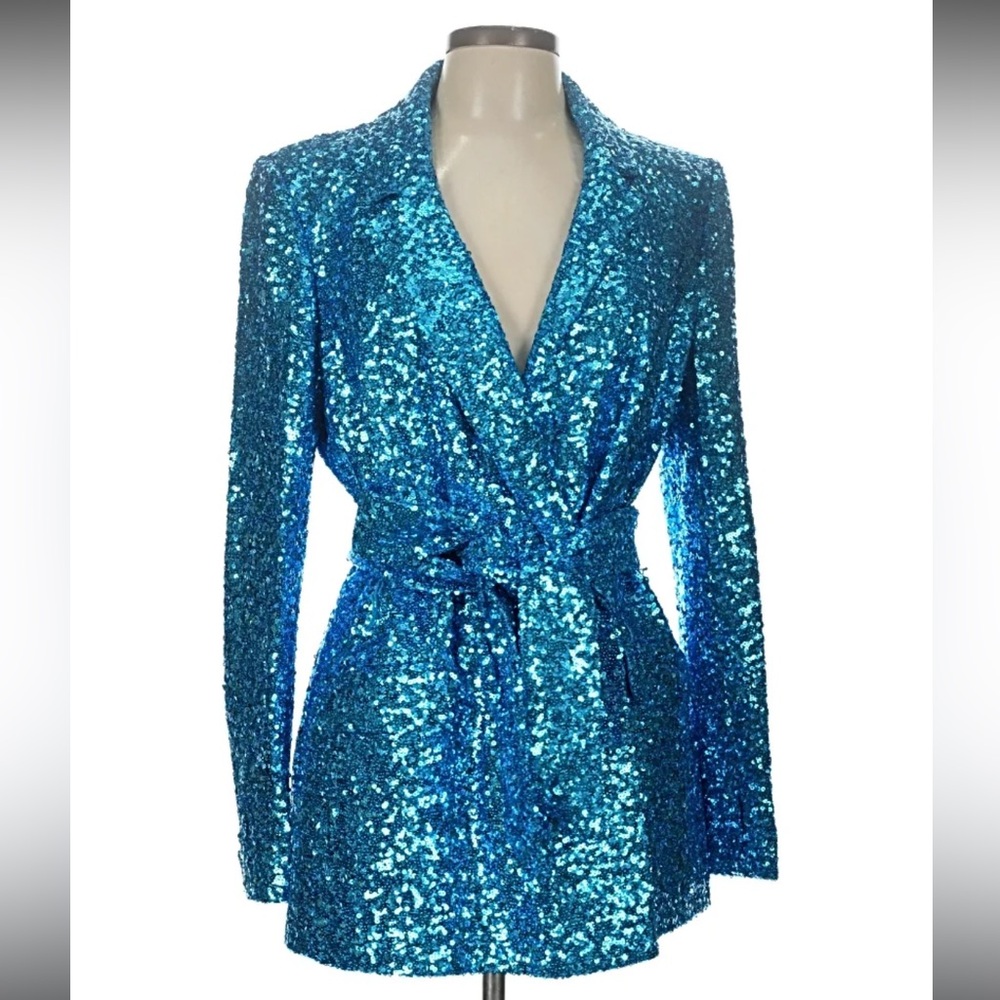 Badgley Mischka Blue Sequin Blazer Dress NWT Wrap Cocktail Party Dress Size 12